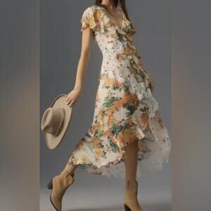 By Anthropologie V-Neck Ruffle Lace Slip Midi Dress asymmetrical size 6.